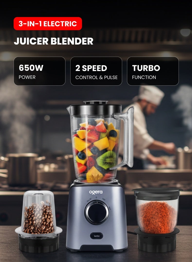 أوجيرا خلاط عصارة كهربائي OG5105BR 3 في 1 بقوة 650 واط، وعاء عصارة غير قابل للكسر، سرعتان مع خاصية النبض، وظيفة توربو - Image 1